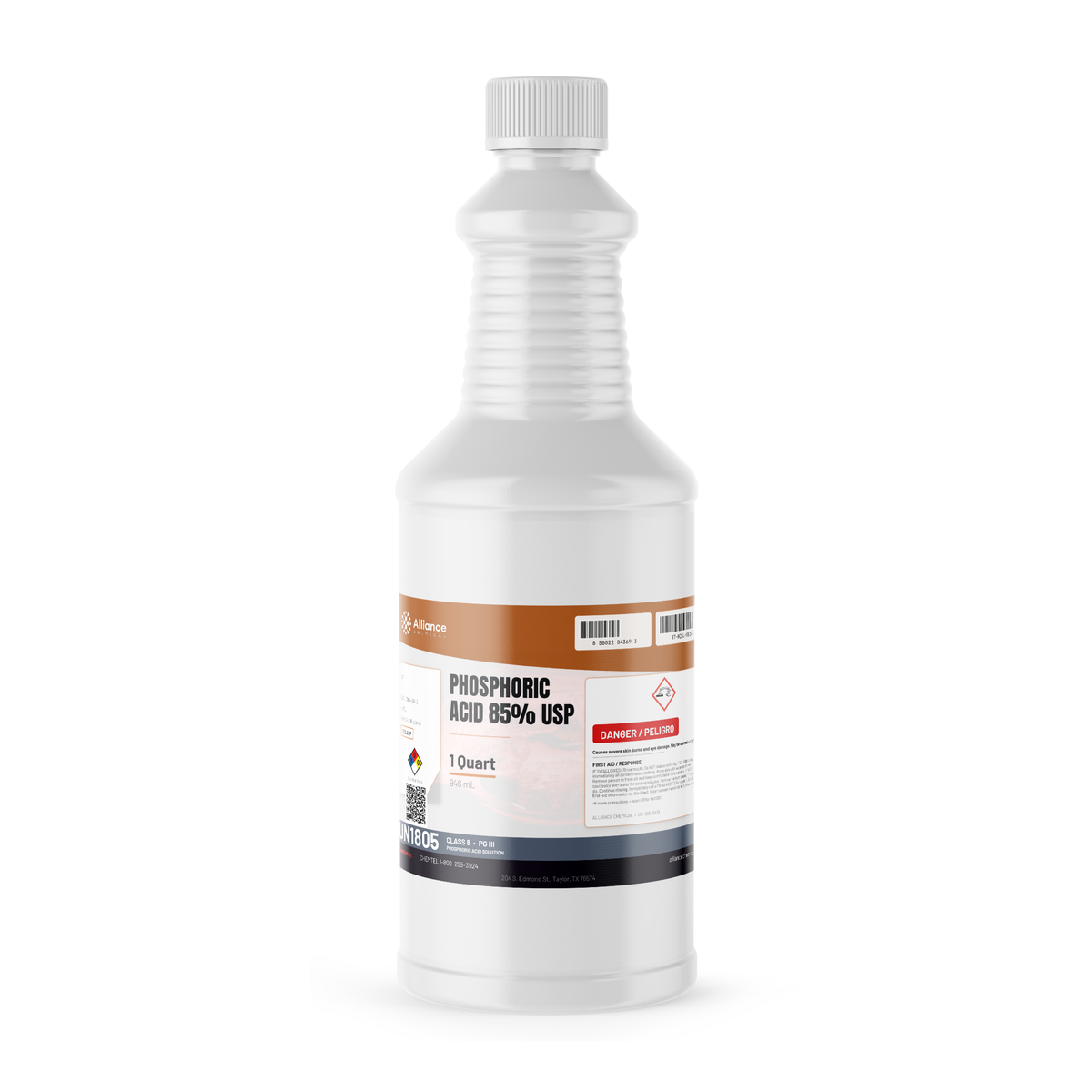 Phosphoric Acid 85% USP Food Grade in a 1-quart white plastic bottle, Alliance Chemical for pH adjustment and metal surface treatment