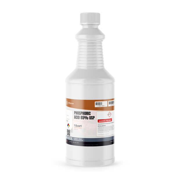 Phosphoric Acid 85% USP Food Grade in a 1-quart white plastic bottle, Alliance Chemical for pH adjustment and metal surface treatment