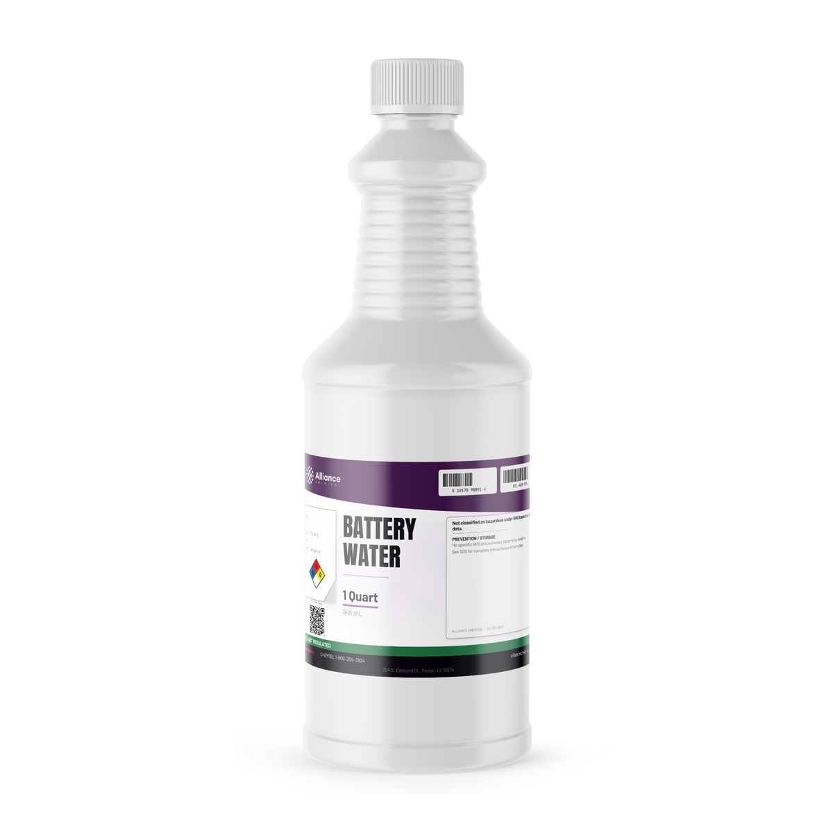Technical grade Battery Water deionized water in a 1-quart plastic bottle from Alliance Chemical