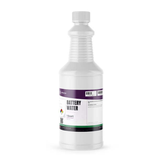 Technical grade Battery Water deionized water in a 1-quart plastic bottle from Alliance Chemical