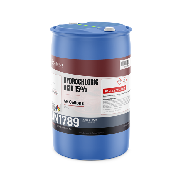 Hydrochloric acid 15% ACS grade in a 55-gallon blue plastic drum, Alliance Chemical