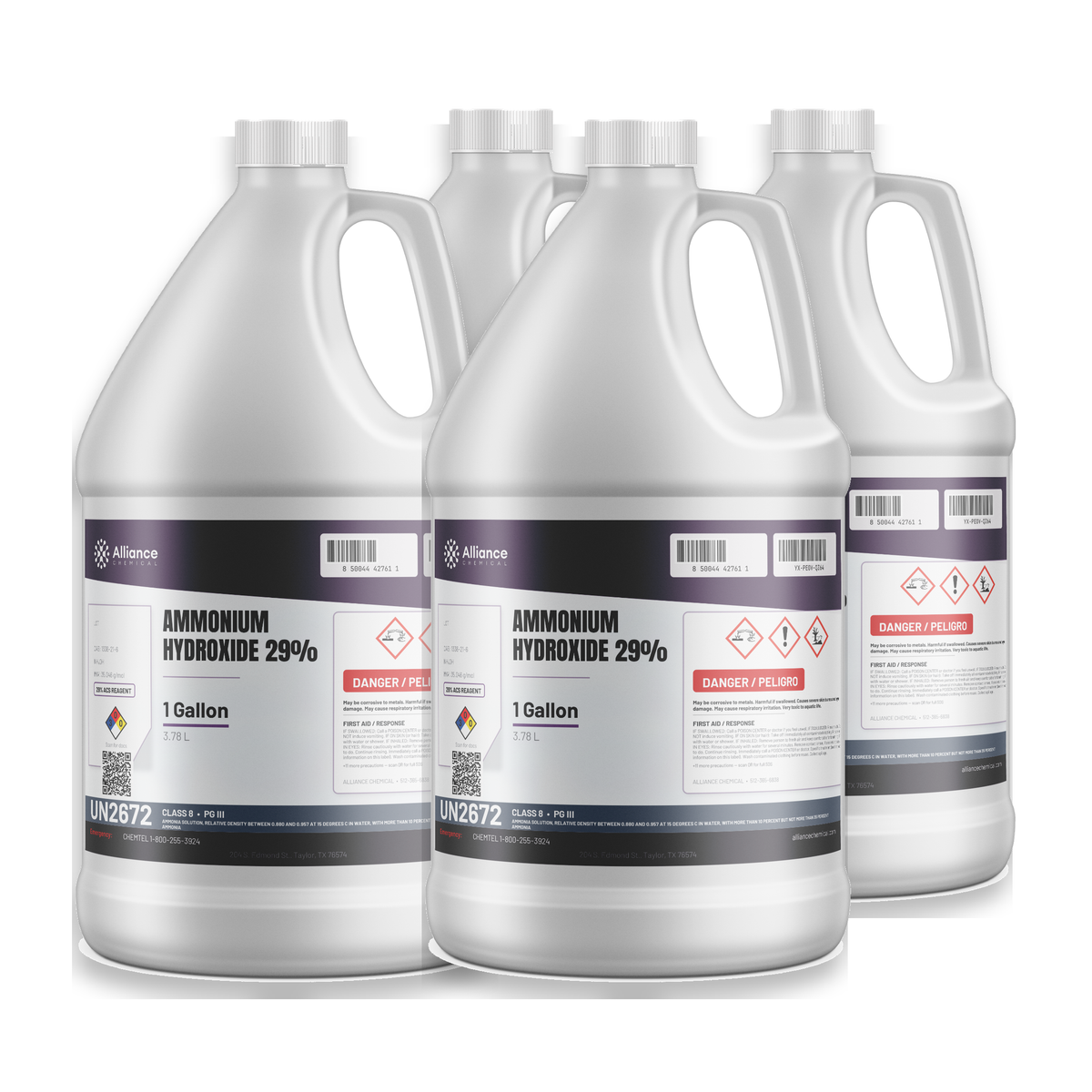Ammonium Hydroxide 29% ACS Reagent Grade in four 1-gallon jugs from Alliance Chemical