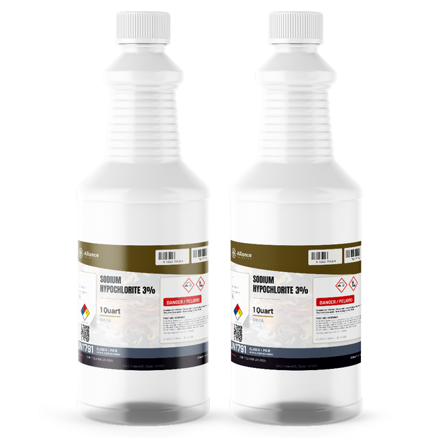 Sodium Hypochlorite 3% Technical Grade in two 1-quart plastic bottles from Alliance Chemical