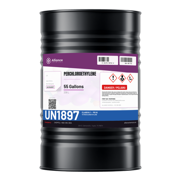 Perchloroethylene ACS Reagent Grade in a 55-gallon drum, Alliance Chemical for dry cleaning and vapor degreasing