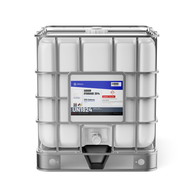 Sodium Hydroxide 25% ACS Grade in a 330-gallon IBC tote, Alliance Chemical for water treatment and pH regulation