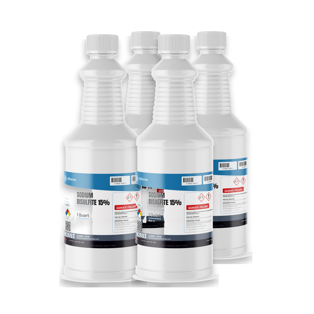 Sodium Bisulfite 15% Technical Grade in four 1-quart plastic bottles from Alliance Chemical