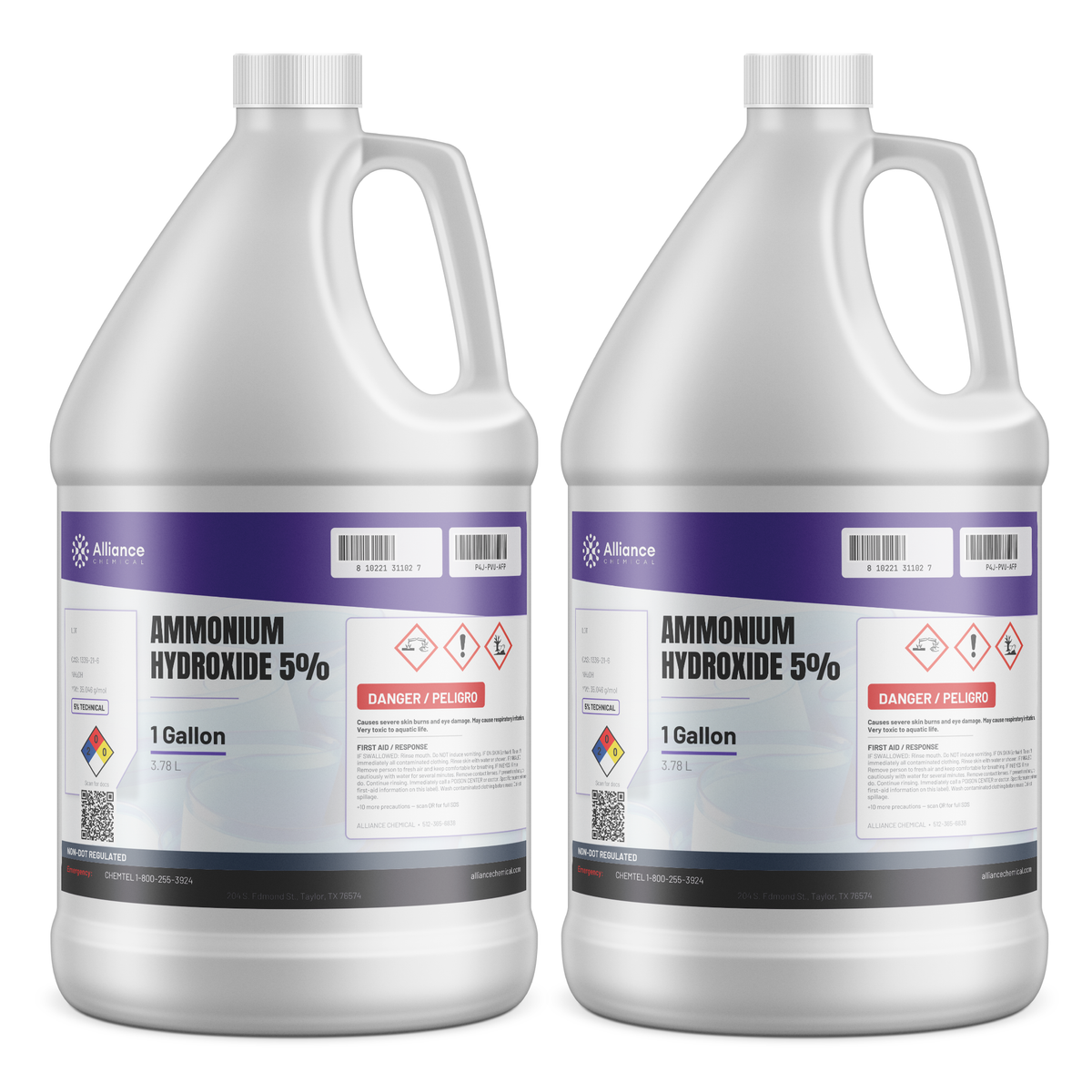Ammonium Hydroxide 5% Technical Grade in two 1-gallon plastic jugs, Alliance Chemical