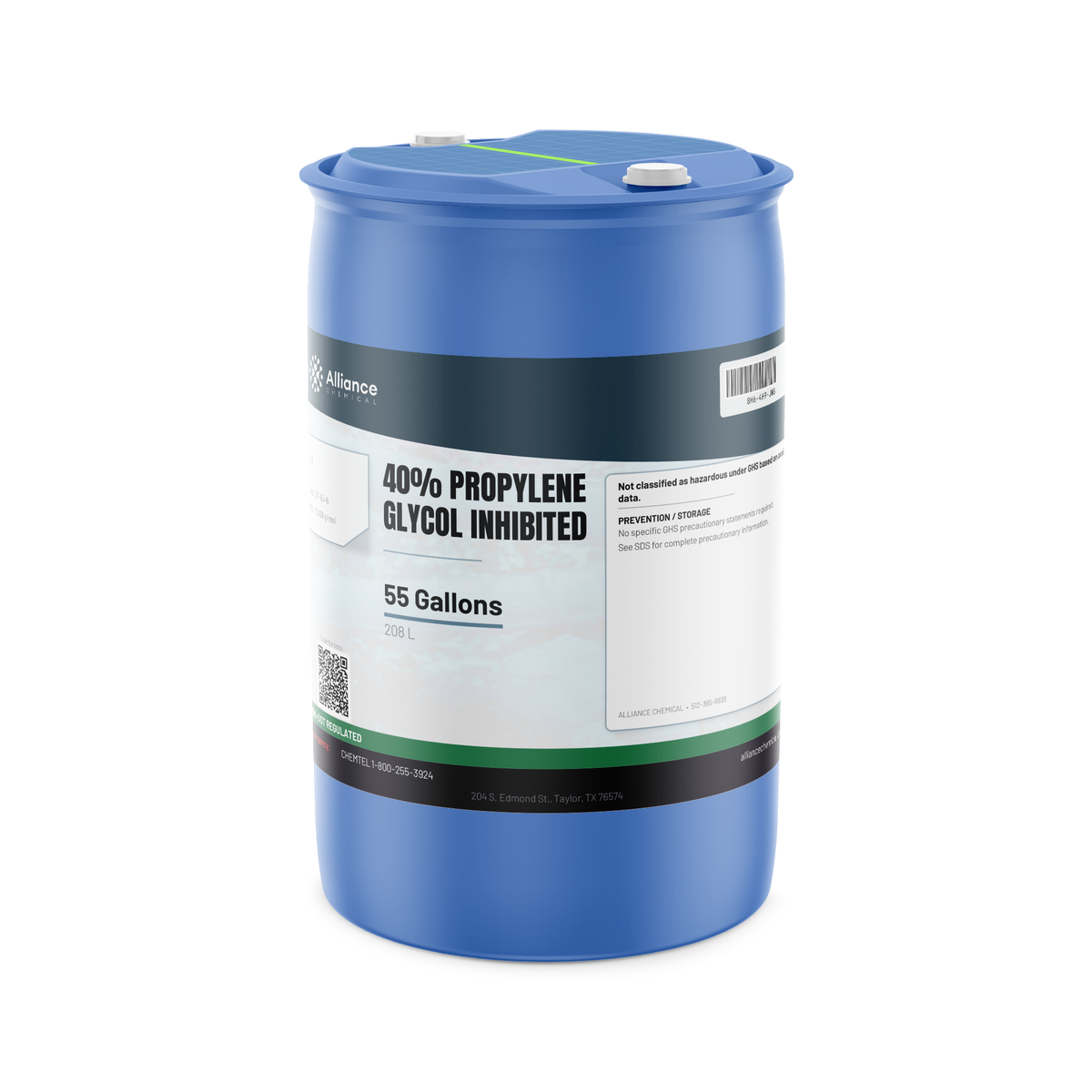 40% inhibited propylene glycol in a blue 55-gallon drum for hydronic boilers and chillers, Alliance Chemical