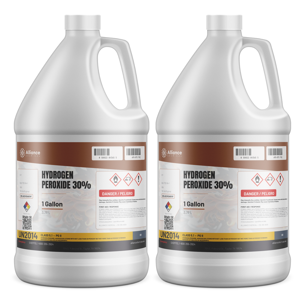 Hydrogen Peroxide 30% ACS Reagent Grade in two 1-gallon plastic jugs, Alliance Chemical