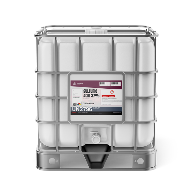Sulfuric acid 37% battery acid in a 330-gallon IBC tote for lead-acid cell electrolyte, Alliance Chemical