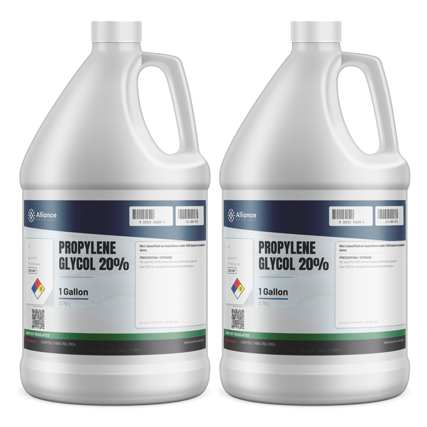 Propylene Glycol 20% USP grade clear liquid in two 1-gallon plastic jugs, Alliance Chemical