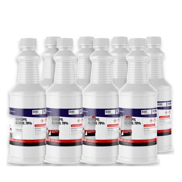 Isopropyl Alcohol 70% USP Grade in eight 1-quart white plastic bottles, Alliance Chemical