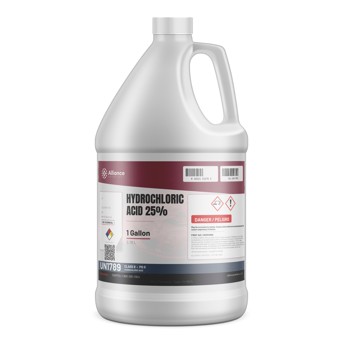 Hydrochloric Acid 25% Technical Grade in a 1-gallon plastic jug, Alliance Chemical