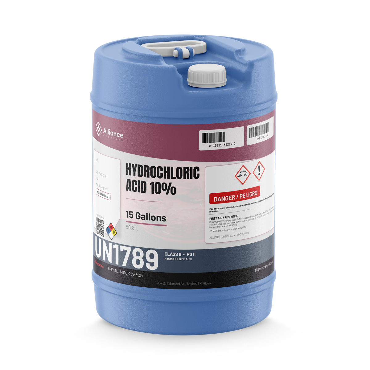 Hydrochloric Acid 10% Technical Grade in a 15-gallon blue plastic carboy from Alliance Chemical