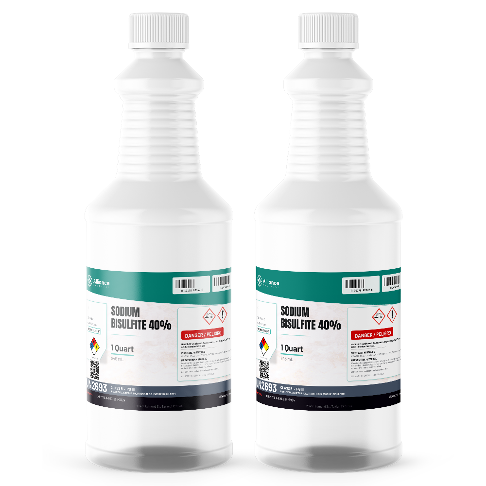 Sodium bisulfite 40% ACS grade liquid, two 1-quart bottles, Alliance Chemical for wastewater dechlorination