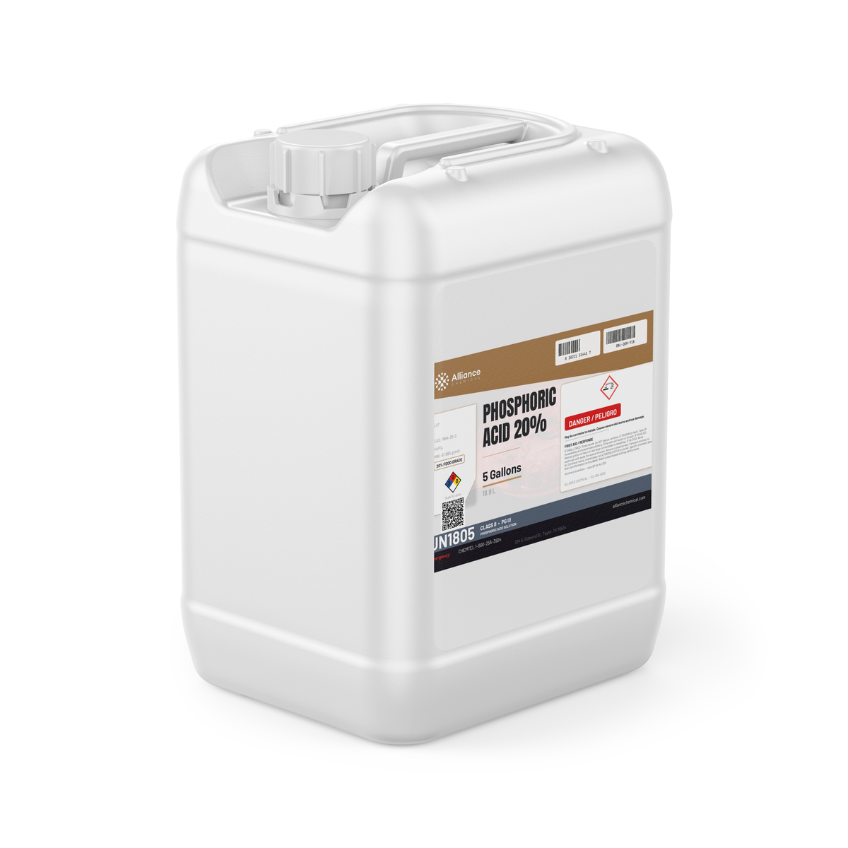 Phosphoric Acid 20% Food Grade in a 5-gallon jerry can for food processing, Alliance Chemical