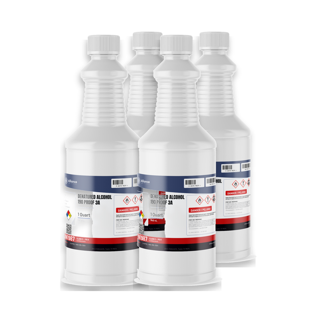 Denatured Alcohol 190 Proof 3A in four 1-quart plastic bottles for industrial coatings from Alliance Chemical