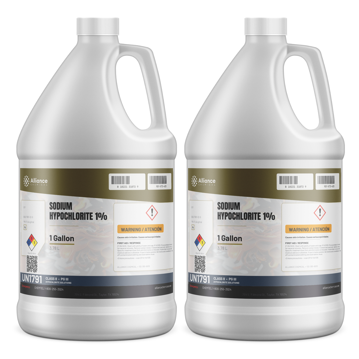 Sodium Hypochlorite 1% Technical Grade solution in two 1-gallon plastic jugs, Alliance Chemical