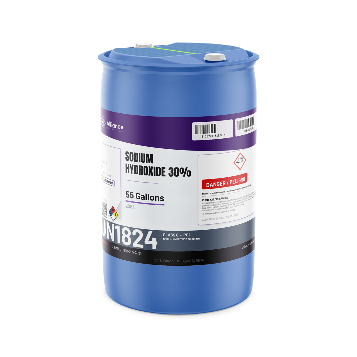 Sodium hydroxide 30% ACS reagent grade in a blue 55-gallon plastic drum from Alliance Chemical