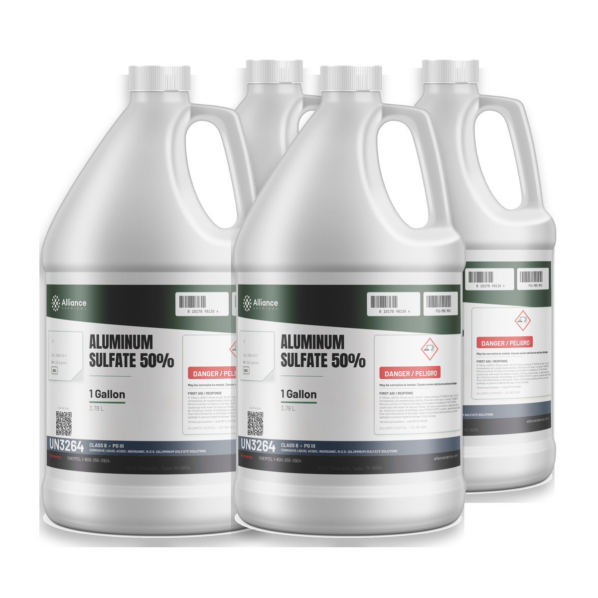 Aluminum Sulfate 50% technical grade in four 1-gallon plastic jugs from Alliance Chemical