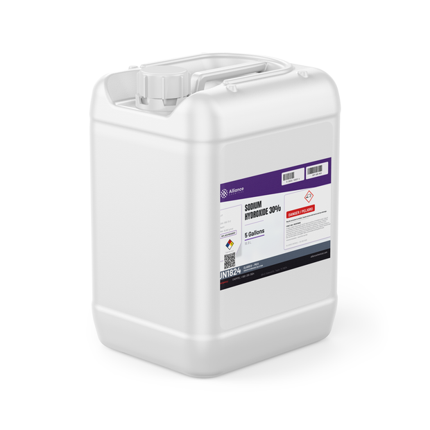 Sodium Hydroxide 30% ACS Reagent Grade in a white 5-gallon jerry can, Alliance Chemical