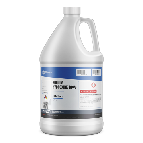 Sodium Hydroxide 10% Technical Grade in a 1-gallon white plastic jug from Alliance Chemical