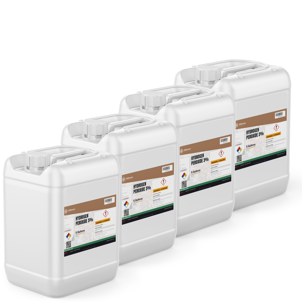 Hydrogen Peroxide 5% ACS Reagent Grade in four 5-gallon white plastic pails, Alliance Chemical