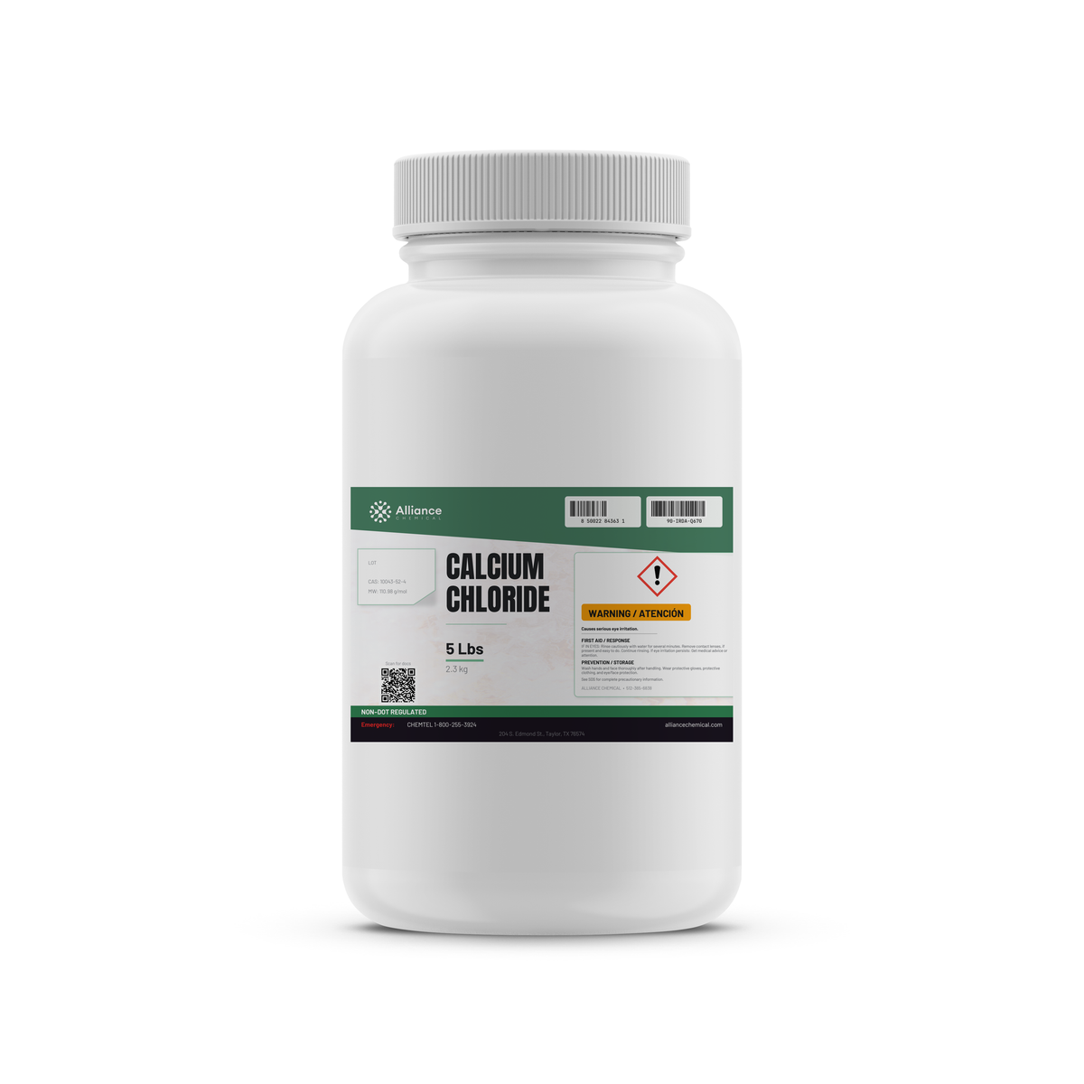 Calcium Chloride 94-97% Technical Grade in a 5-lb plastic bottle for de-icing and dust suppression, Alliance Chemical