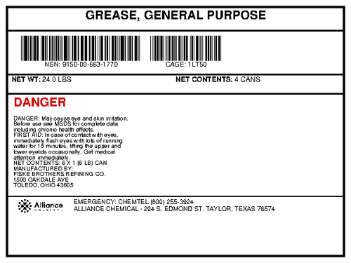 General Purpose Grease product specification label with NSN 9150-00-663-1770 from Alliance Chemical