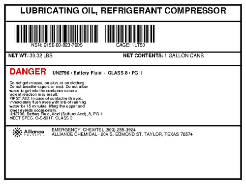 Refrigerant compressor lubricating oil product specification label for 1-gallon cans from Alliance Chemical