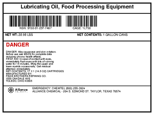 Food processing equipment lubricating oil product label featuring NSN 9150-01-237-7467 from Alliance Chemical