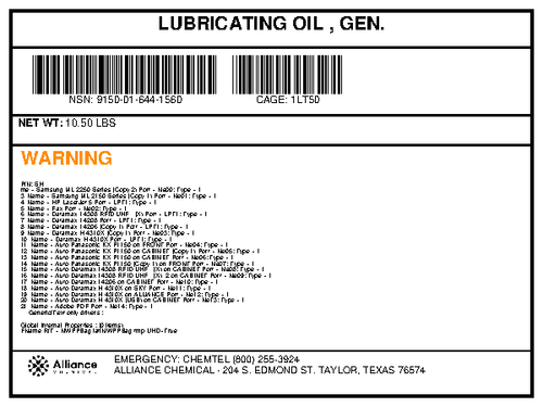 General lubricating oil 10.50 lb container product specification label from Alliance Chemical