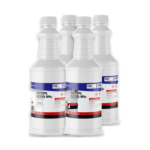 Isopropyl Alcohol 91% USP Grade in four 1-quart white plastic bottles from Alliance Chemical