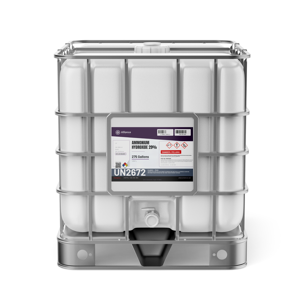 Ammonium hydroxide 29% ACS grade in a 275-gallon IBC tote from Alliance Chemical for chemical synthesis and metal etching