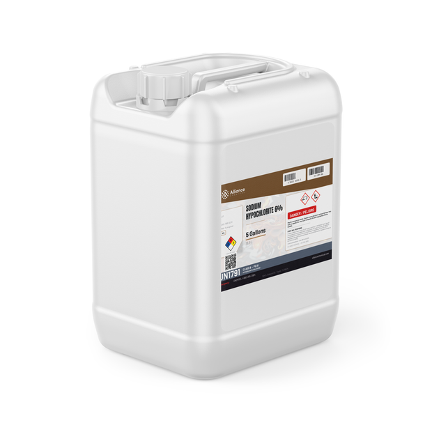 Sodium Hypochlorite 6% Technical Grade in a white 5-gallon plastic jerry can from Alliance Chemical