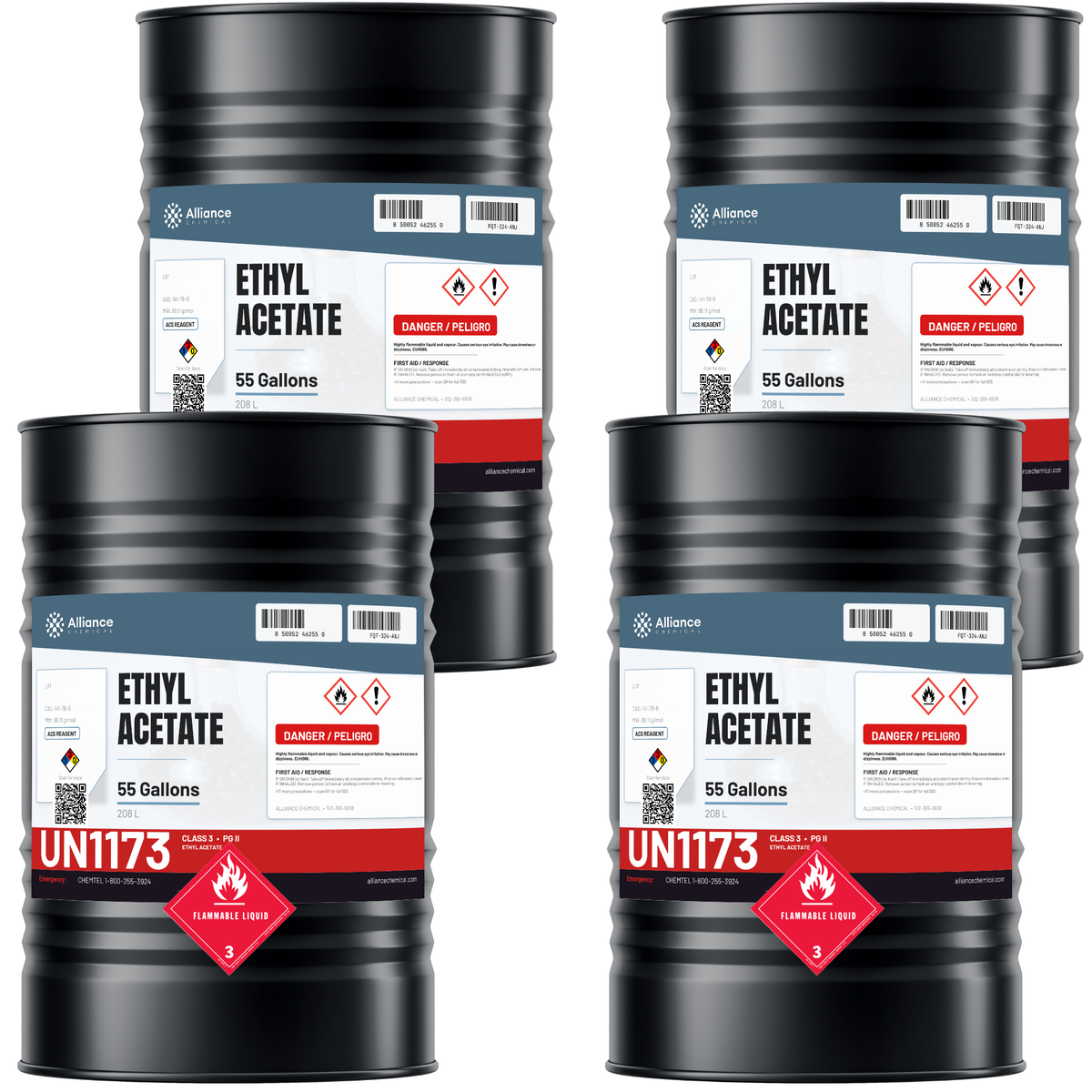 Ethyl Acetate ACS Reagent Grade in four 55-gallon drums, Alliance Chemical for industrial coatings and lab separations