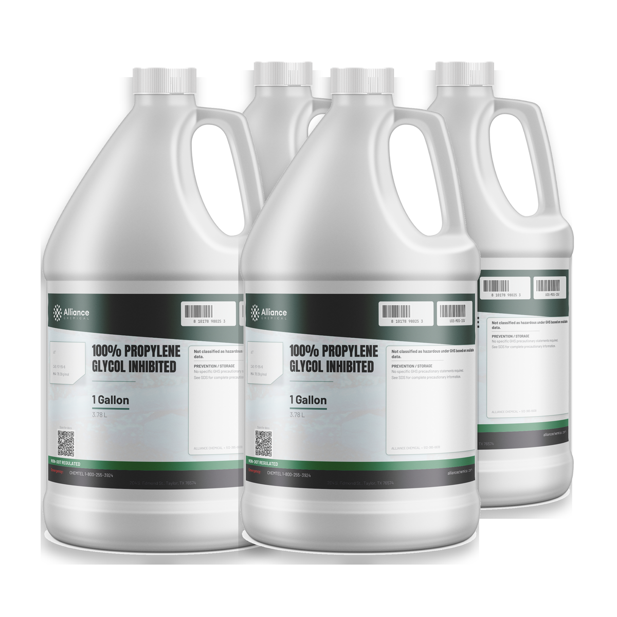 100% Inhibited Propylene Glycol in four 1-gallon plastic jugs from Alliance Chemical