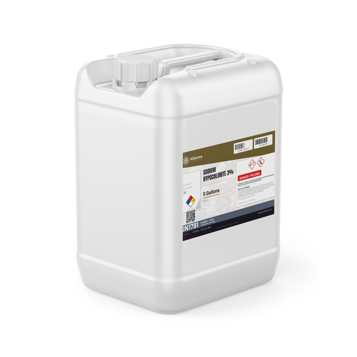 Sodium Hypochlorite 3% Technical Grade in a 5-gallon jerry can, Alliance Chemical