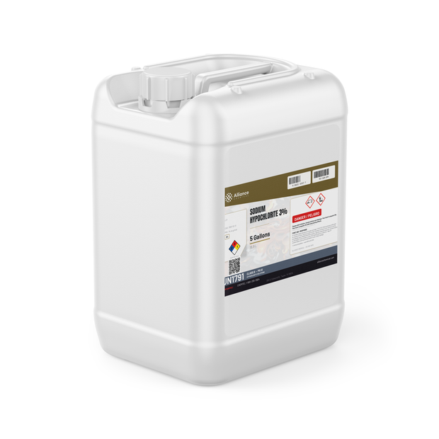 Sodium Hypochlorite 3% Technical Grade in a 5-gallon jerry can, Alliance Chemical