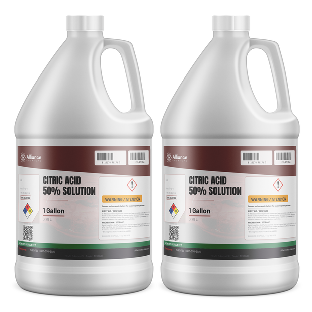 Citric Acid 50% Solution in two 1-gallon jugs from Alliance Chemical for equipment descaling and pH adjustment