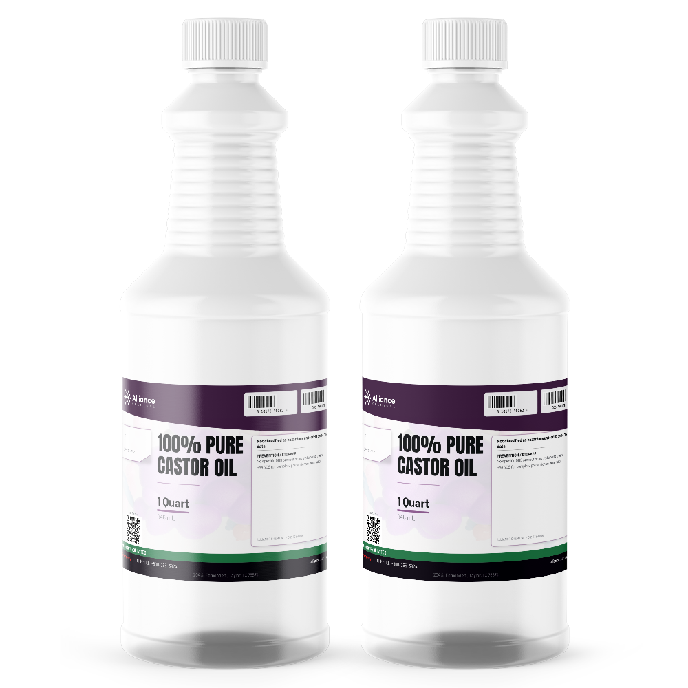 100% pure technical grade castor oil in two 1-quart plastic bottles, Alliance Chemical