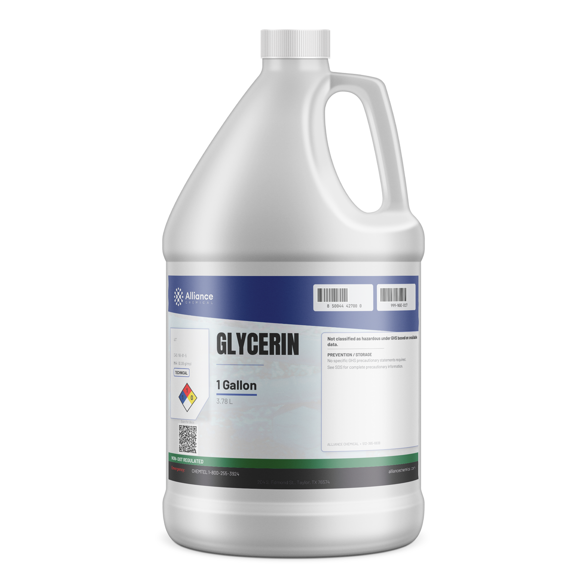 Glycerin Technical Grade in a 1-gallon white plastic jug with handle, Alliance Chemical