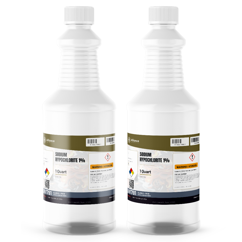 Sodium Hypochlorite 1% Technical Grade liquid in two 1-quart plastic bottles, Alliance Chemical