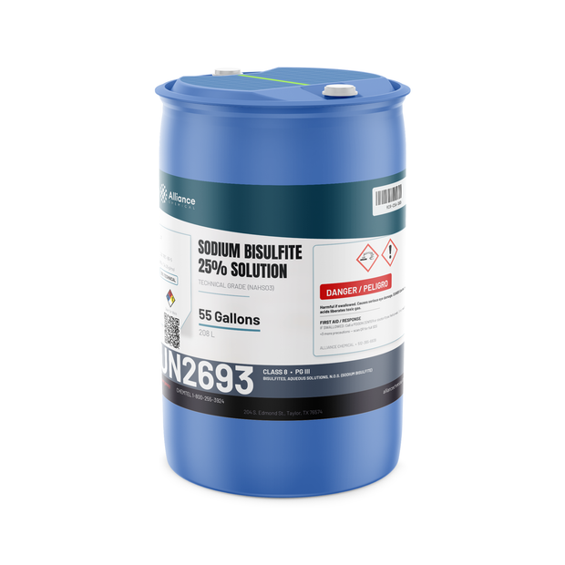 Sodium bisulfite 25% solution technical grade in a 55-gallon blue plastic drum from Alliance Chemical
