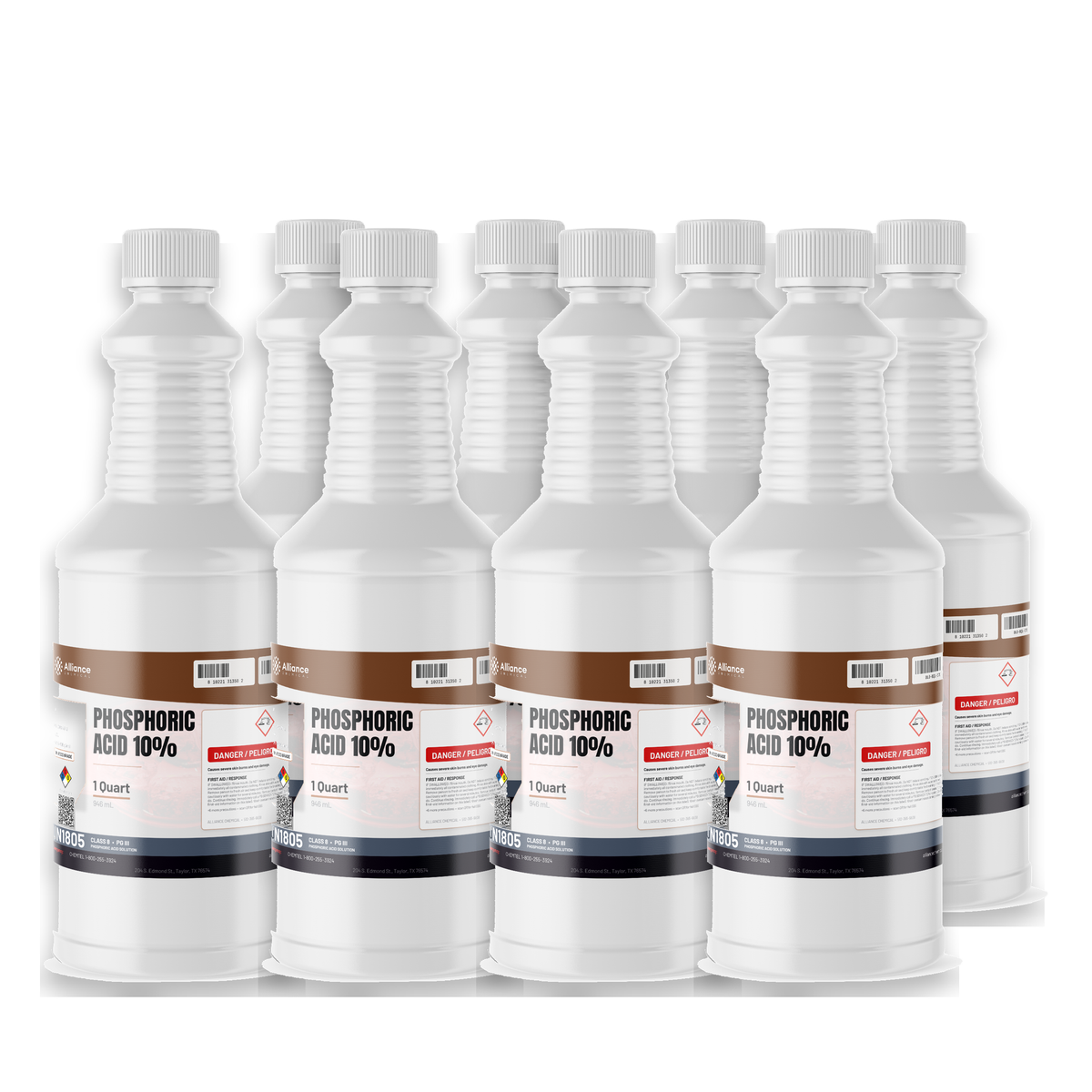 Phosphoric Acid 10% Food Grade in eight 1-quart plastic bottles from Alliance Chemical