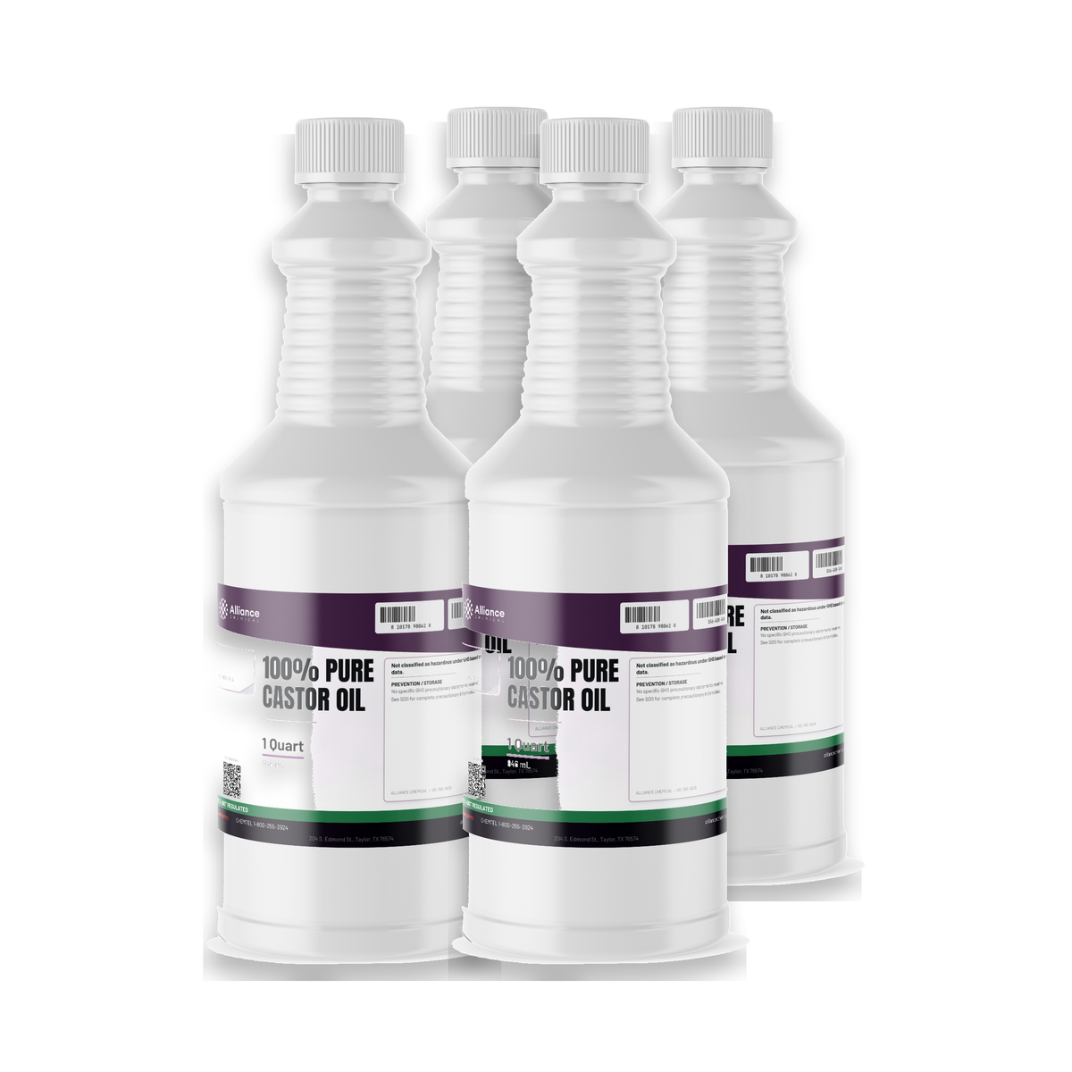 100% pure castor oil, technical grade, in four 1-quart white plastic bottles from Alliance Chemical