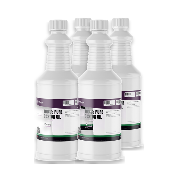 100% pure castor oil, technical grade, in four 1-quart white plastic bottles from Alliance Chemical
