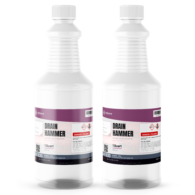 Sulfuric acid technical grade in two 1-quart plastic bottles from Alliance Chemical for commercial drain clearing
