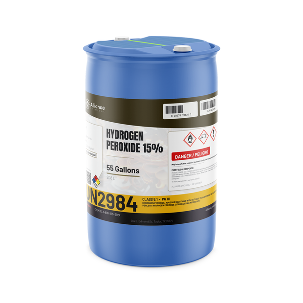 Hydrogen peroxide 15% ACS reagent grade in a blue 55-gallon plastic drum, Alliance Chemical