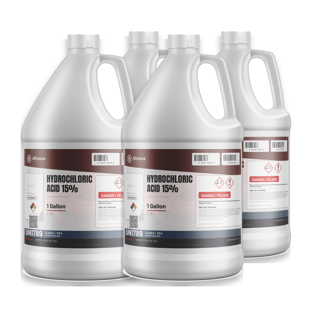 Hydrochloric Acid 15% Technical Grade in four 1-gallon plastic jugs for rust removal and concrete etching, Alliance Chemical